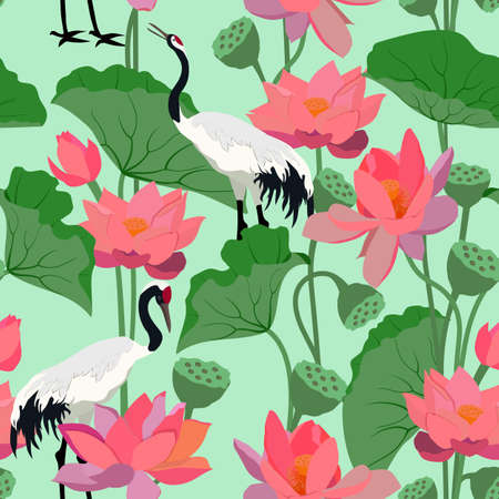 Seamless vector illustration with Japanese cranes and lotuses on a green background. For decoration of textiles, packaging, wallpaper.のイラスト素材