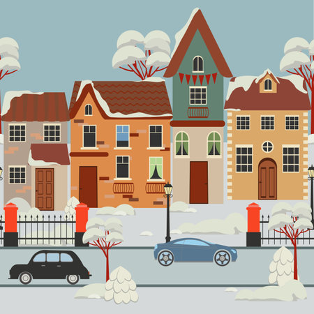 Winter in the city. Cute snow landscape. vector illustration. To decorate postcards, you can use it as a seamless pattern.のイラスト素材