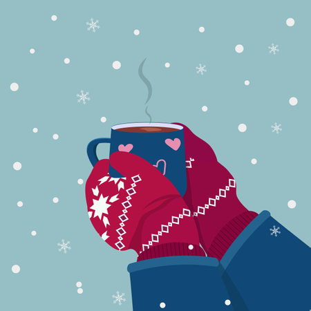 Hands hold cup of coffee in knitted winter gloves. Winter cozy illustration of drinking coffee, cappuccino.のイラスト素材