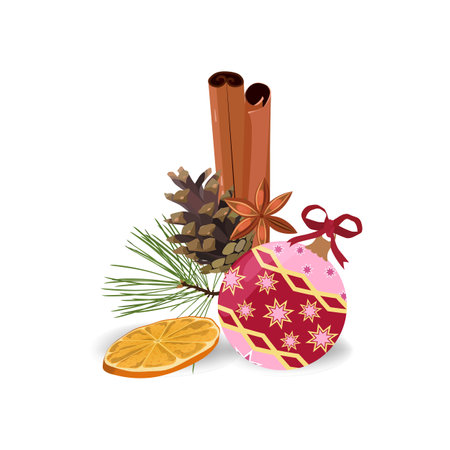 Christmas decorations with christmas toy , fir-tree, cone, cinnamon and orange isolated on a white background. Template for postcard, invitation, decoration packaging.のイラスト素材