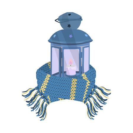 Christmas Blue lantern with knitted scarf on white isolated background. To decorate a postcard, poster, emblem, design.のイラスト素材