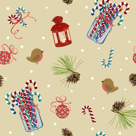 Christmas seamless vector illustration. Birds, lanterns, Christmas balls, candy and spruce on a beige background. For decorating textiles, packaging.のイラスト素材