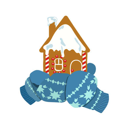 Christmas gingerbread house in hands, in mittens, on a white isolated background. Vector Christmas illustration for postcard, poster, decoration for Christmas and winter design.のイラスト素材