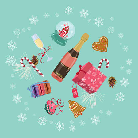 Holiday Christmas card with fir tree and festive decorations balls, stars, snowflakes, champagne, christmas gingerbread on turqouise background. Christmas template for banner, ticket, leaflet, card, invitation, poster and so onのイラスト素材