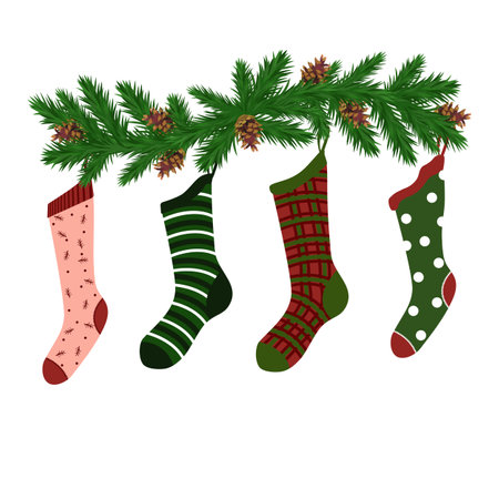 Merry Christmas christmas sock, fir brunches, vector illustration for Christmas and New Year holiday design. isolated on a white background.のイラスト素材
