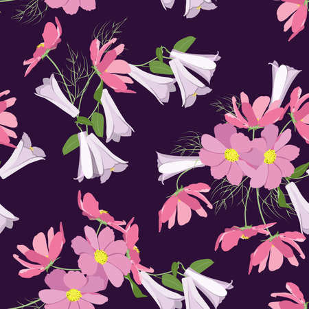 Seamless vector illustration with campanula and cosme on a dark background. For textile decoration, packaging, web design.のイラスト素材
