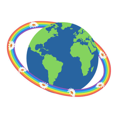 World Earth Day. Let's save the planet. Planet with a rainbow and flowers on a white isolated background.のイラスト素材