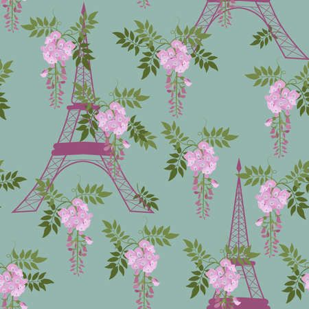 Seamless vector illustration with wisteria and Eiffel tower. For decorating textiles, packaging, web design.のイラスト素材