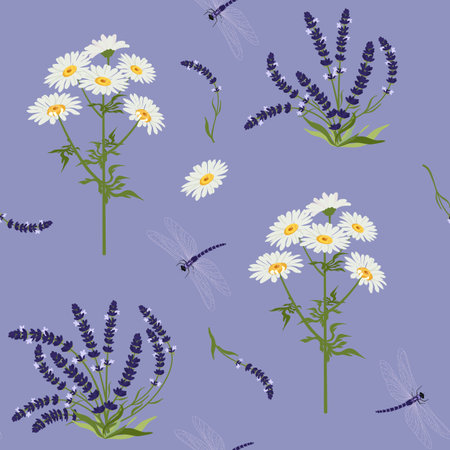 Seamless vector illustration with lavender, chamomile and dragonflies on a purple background. For textile decoration, packaging, web design.のイラスト素材