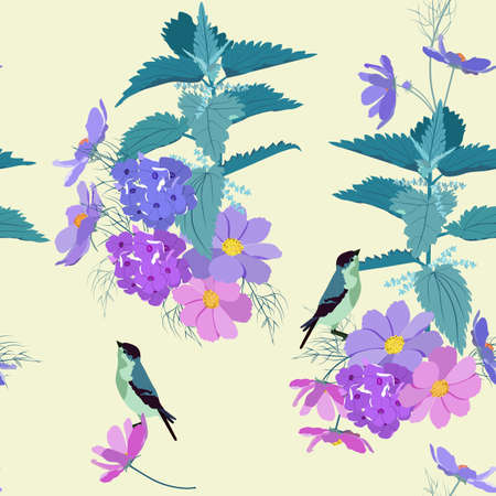 Wildflowers and birds on a light background. Summer seamless vector illustration. To decorate textiles, packaging.のイラスト素材