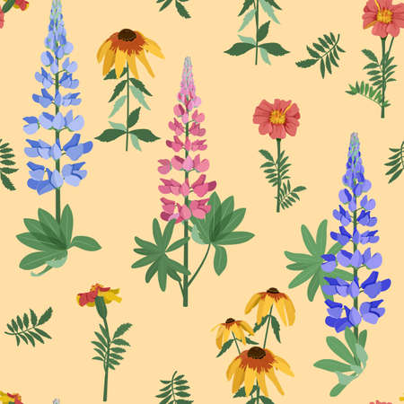 Vector pattern with lupines, marigold and rudbeckia on a beige background. Seamless pattern for fabric, paper and other printing and web projects.のイラスト素材