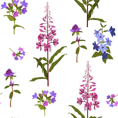 Forest vector seamless pattern in the kind of flowers. Lilac and purple flowers of the Lungwort, blooming sally, sage, campanula on a white background. For decoration textiles, packaging.のイラスト素材