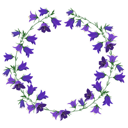 Vector floral wreath of campanula flowers on a white isolated background. Flower frame for greetings, invitations, design of wedding cards.のイラスト素材
