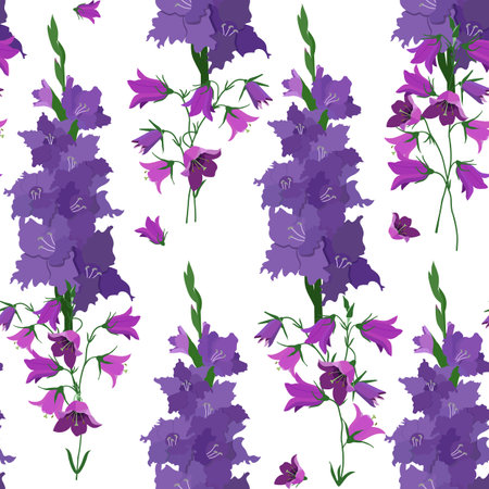Seamless vector illustration with gladiolus and campanula on a white background. To decorate textiles, packaging.のイラスト素材