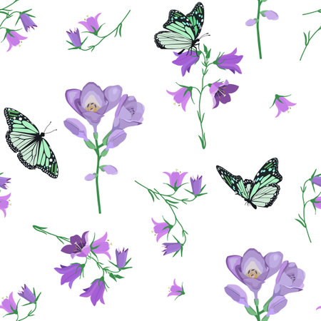 Seamless vector illustration with field bells, crocus and butterflies on a white background.のイラスト素材