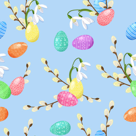 Seamless pattern with an Easter eggs,willow branch and snowdrops on blue background,のイラスト素材
