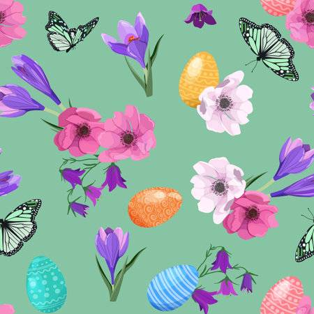 Seamless pattern with an Easter eggs, crocus, campanula and butterflies on green backgroundのイラスト素材