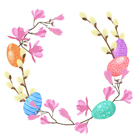 Vector Easter wreath of Easter eggs, branches willow and magnolia flowers on white isolated background.のイラスト素材