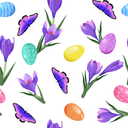 Seamless pattern with an Easter eggs, flowers crocus and butterflies on white background, vector illustration.のイラスト素材