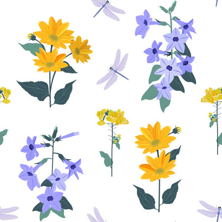 Seamless vector illustration with field flowers and dragonflies on a white background. To decorate...