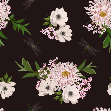 Seamless background with Japanese chrysanthemums and anemone on a dark background.のイラスト素材