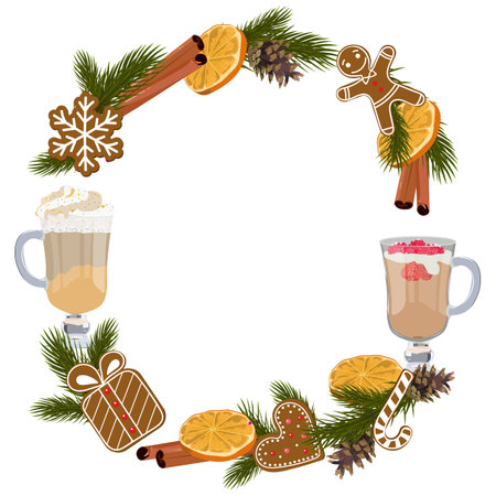 Christmas decorated wreath with pine, gingerbread, orange and cinnamon on isolated background.のイラスト素材
