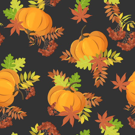 Autumn, seamless vector illustration. Rowan branches, pumpkin and maple leaves on a black background.のイラスト素材