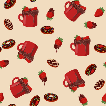 Chocolate pattern: sweets, pastry, cookies, hot chocolate mug and chocolate covered strawberries. Seamless vector pattern for decoration textile, packaging.のイラスト素材