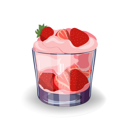 Ice cream with strawberries in glass bowl vector illustration on a isolated backgroundのイラスト素材