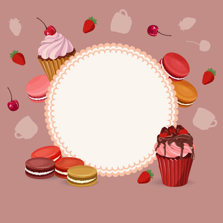 Vintage frame for your text decorated with sweets, cupcakes, macarons cookies, cakes, chocolate and berries. For decorating invitations, congratulations, menusのイラスト素材