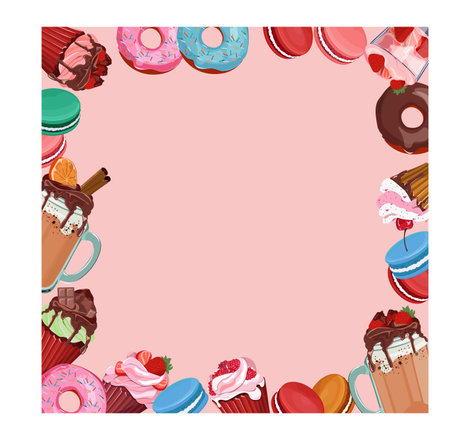 Vintage frame for your text decorated with sweets, cupcakes, macarons cookies, cakes, donut, chocolate and berries. Can be used for flyers, recipes, greeting cards, posters.のイラスト素材