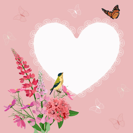 Openwork frame in the shape of a heart with flowers, bird and butterflies. For decorating cards, weddings, invitations, Valentines.のイラスト素材