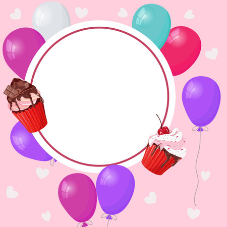 Vintage frame for your text decorated with sweets, balloons, cakes, chocolate, berries. For decorating invitations, congratulations, birthday.のイラスト素材