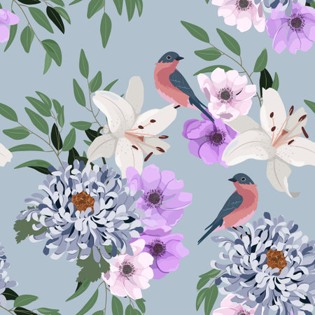 Vector pattern with anemone, chrysanthemum, lily and birds on a gray background. Seamless pattern for fabric, paper and other printing and web projects.のイラスト素材