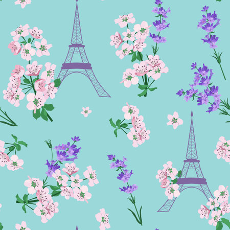 Seamless beautiful vector illustration of a stylized tower with lavender and with cherry blossoms on a blue background. For decorating textiles, packaging and wallpaper.のイラスト素材