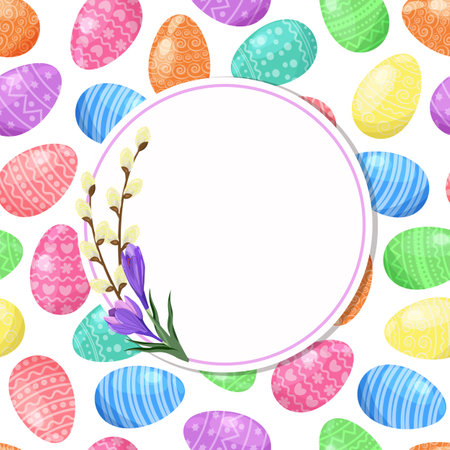 Vector Easter card of Easter eggs, branches willow and crocus flowers. Easter greeting card. Illustration.のイラスト素材