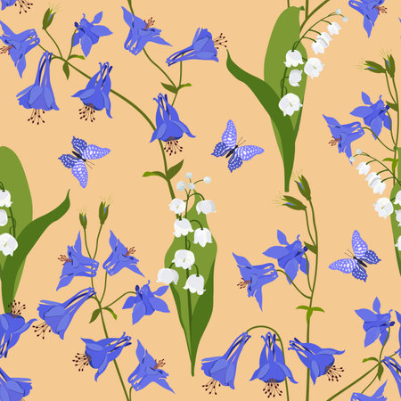 Tender lilies of the valley, aquilegia and butterflies on a beige background. Vector seamless illustration. For decorating textiles, packaging, web design.のイラスト素材
