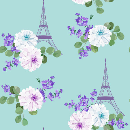 Seamless beautiful vector illustration of a stylized Eiffel tower with lavender and chrysanthemum on a blue background. For decorating textiles, packaging and wallpaper.のイラスト素材