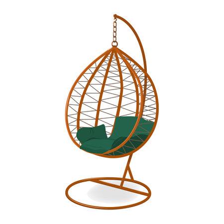 Rattan wicker cocoon garden swing chair hung on frame isolated on white background. Vector illustration.のイラスト素材
