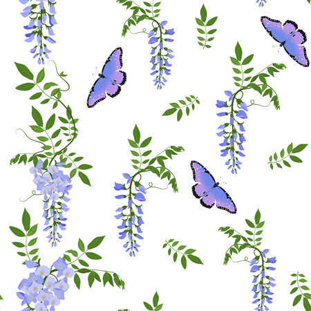 Blooming wisteria and butterflies on a white background. Seamless vector illustration. For decorating textiles, packaging, wallpaper.のイラスト素材