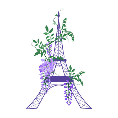 Vector illustration with Eiffel tower and wisteria on white isolated background. Template for postcard, logo, poster, icon and web design.のイラスト素材