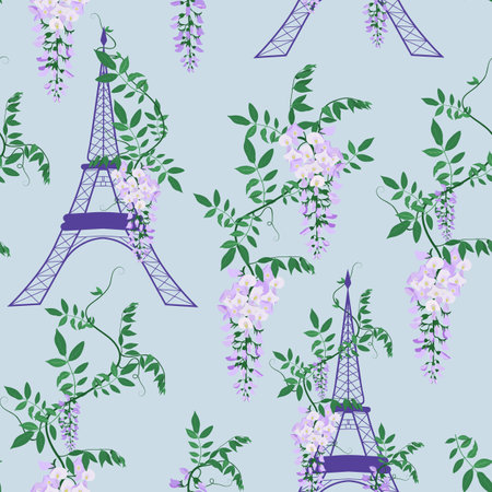 Seamless beautiful vector illustration of a stylized Eiffel tower and wisteria on a blue background. For decorating textiles, packaging and wallpaper.のイラスト素材