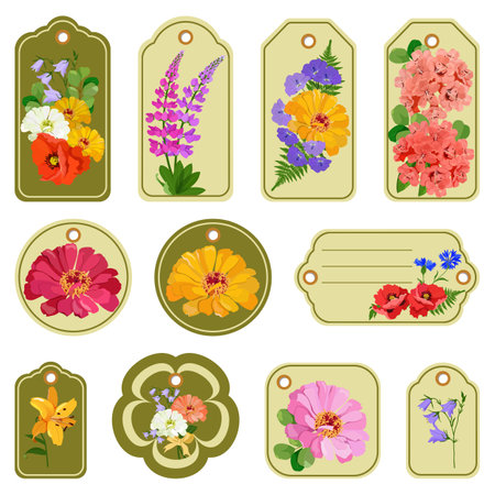 Set of elegant tags with flowers on isolated background. Tags for gift boxes, party, birthday, flower shop. Vector illustration.のイラスト素材
