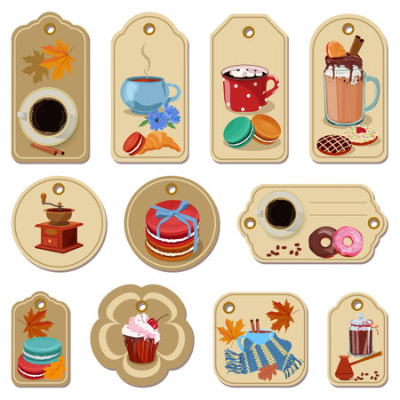 Vector set of coffee shop badges, tags and labels, coffee shop elements template with cups, mugs, tea, cake and croissantのイラスト素材