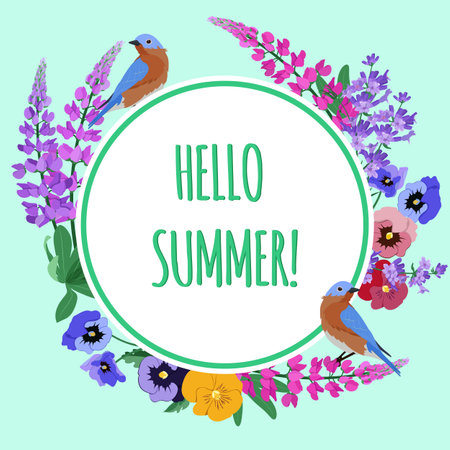 Decorative vector postcard of garden flowers, lupine, lavender, pansy and birds. Hello summer. Vector illustration.のイラスト素材