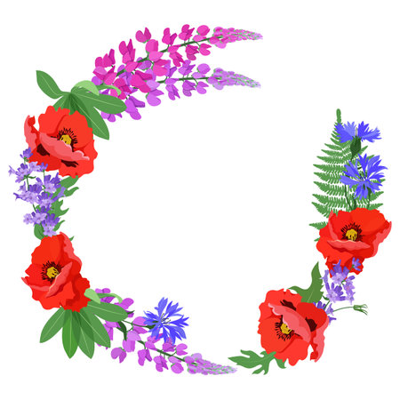 Decorative vector wreath of garden flowers,poppy, lupine, cornflowers and lavender with place for your text on a isolated white background. For decorating postcards, invitations. Vector illustration.のイラスト素材