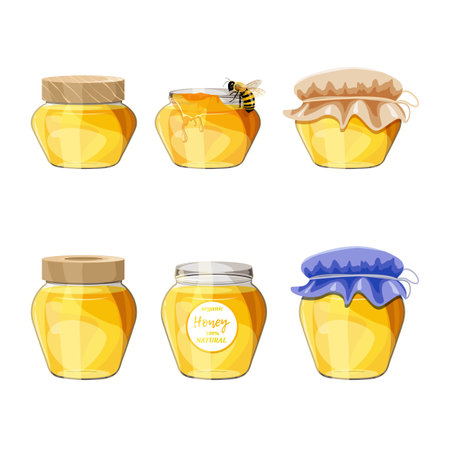 Set of jars with honey. With and without lid. Vector illustration on isolated background.のイラスト素材