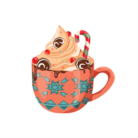 Mug of hot chocolate with cream, cookies, and candy cane. Christmas drink on isolated background. Vector illustration.のイラスト素材