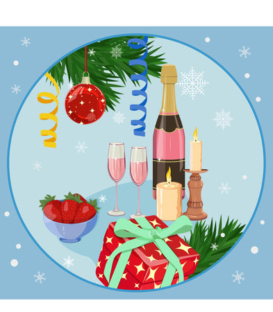 Holiday Christmas card with fir tree and festive decorations balls, stars, snowflakes, champagne, strawberries on blue background. Christmas template for banner, ticket, leaflet, card, invitation, poster and so onのイラスト素材