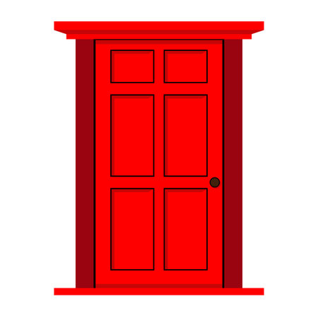 Flat red door illustration with simple details. Suitable for real estate, architecture, or home design projectsのイラスト素材